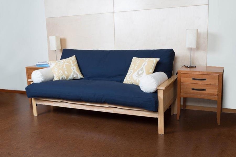 Futon Sofa Organic Cotton Bed Navy Cover Light Wood Frame