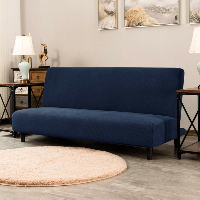 Futon Sofa Textured Slipcover Waffle Texture Navy Blue Armless
