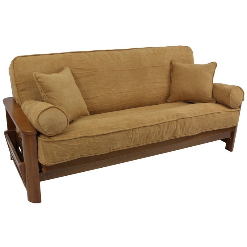 Futon Sofa Wood Frame Bolster Pillows Camel Tan Mission Style