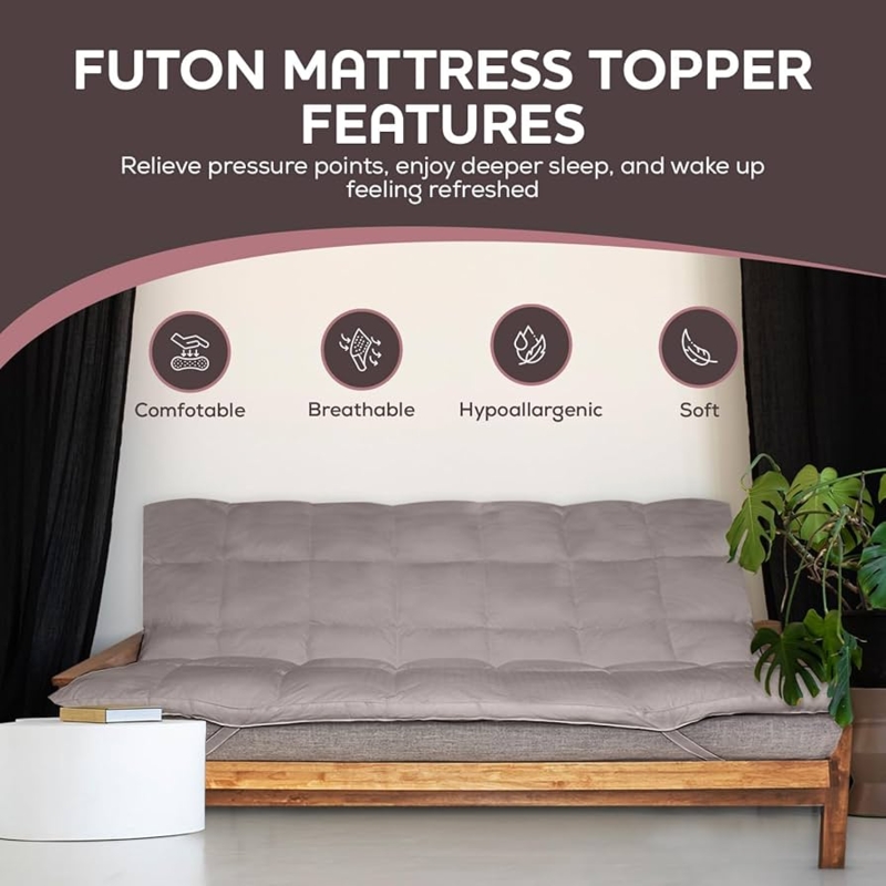 Futon Topper Quilted Cover with Straps Plush Fill Grey