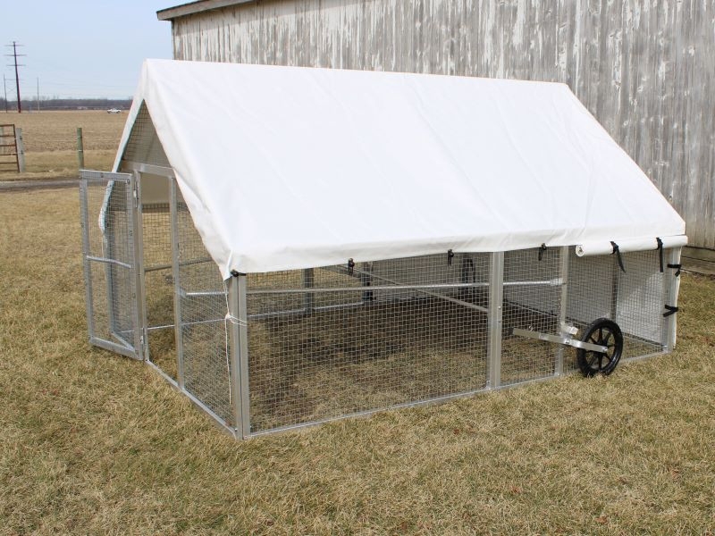 Gabled Aluminum Chicken Tractor with White Tarp Canopy