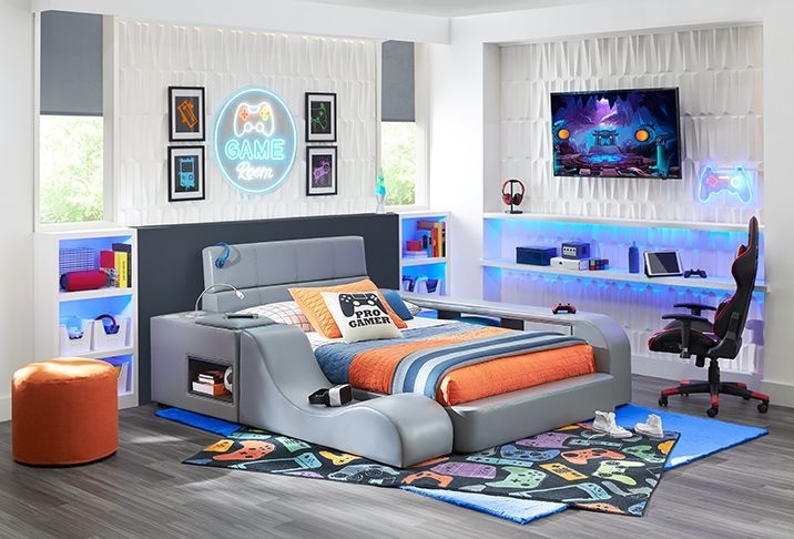 Gaming Bed Set Slate Grey Integrated LED Shelving Curved Rails