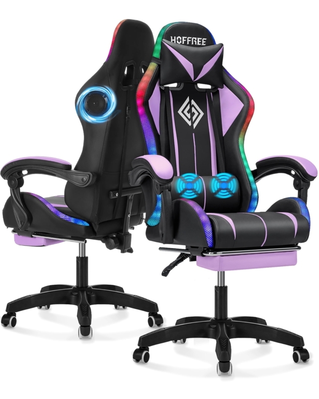 Gaming Chair: Adjustable Height Ergonomic Throne, Lilac Purple LED Lit