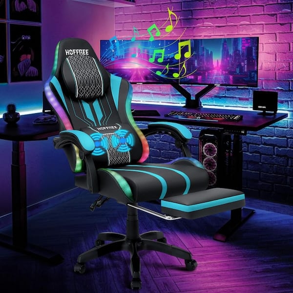 Gaming Chair: Cyan Blue Ergonomic Seat with LED Lighting and Footrest