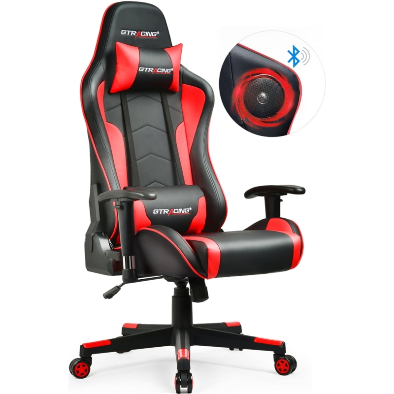 Gaming Chair: Ergonomic Racing Style Seat with Bluetooth Speakers, Red