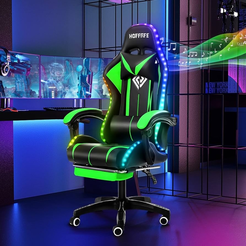 Gaming Chair: Neon Green Accents, LED Edges, and Retractable Footrest
