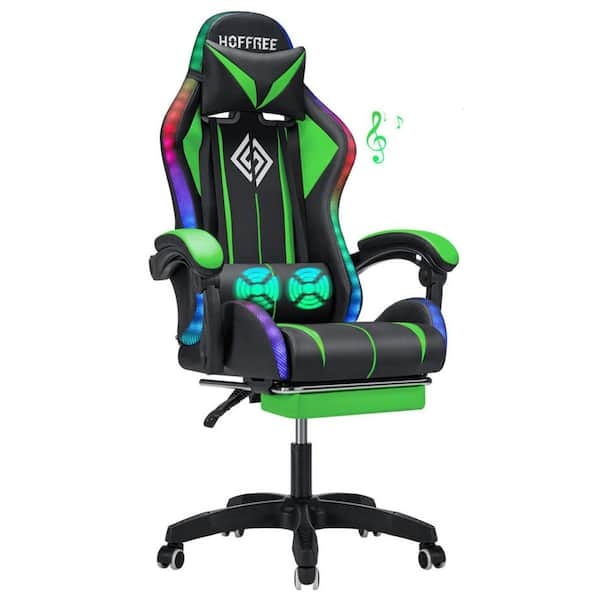 Gaming Chair: Neon Green Racing Seat, LED Strips, Massage Lumbar Support