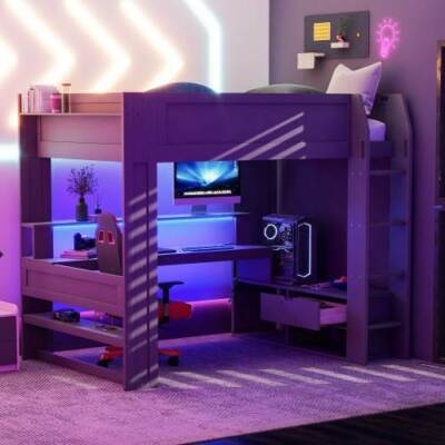 Gaming Loft Bed Desk with Monitor Riser and RGB LED Lighting