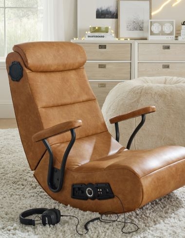 Gaming Rocker Integrated Audio Cognac Leather-Like Teen Lounge Floor Chair