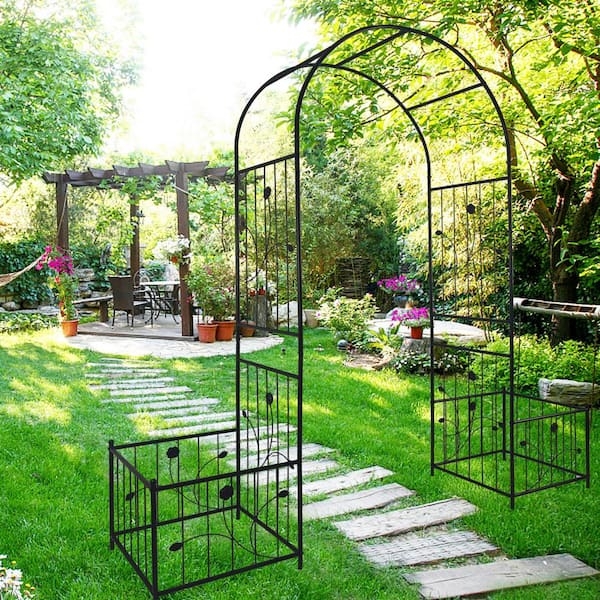 Garden Arch Trellis with Integrated Planter Boxes, Floral Scrollwork