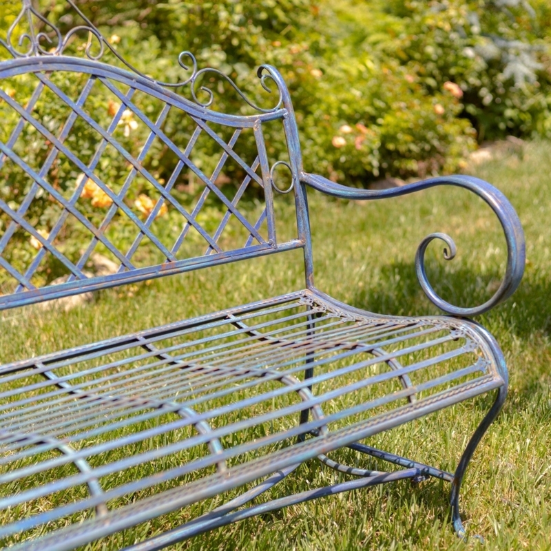 Garden Bench Antique Blue Finish Lattice Pattern Back Iron Frame