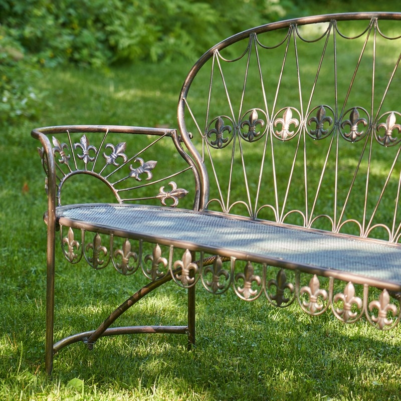 Garden Bench Antique Copper Finish Fleur-de-lis Motifs Curved Back