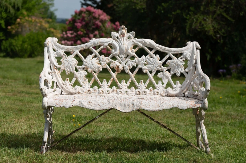 Garden Bench Antique Grapevine Relief Cast Iron Distressed White
