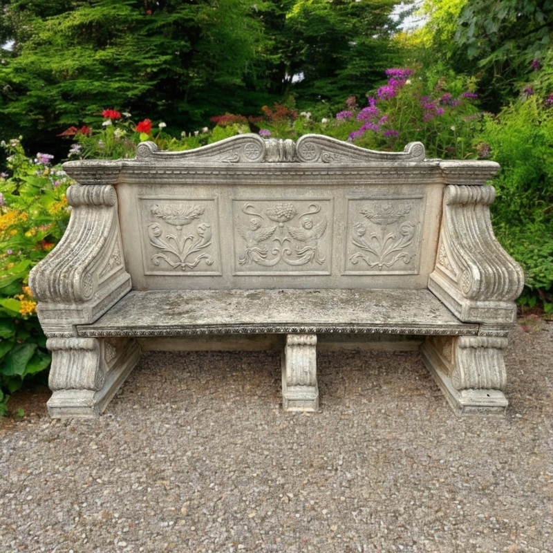 Garden Bench Antique Stone Relief Carvings Renaissance Style