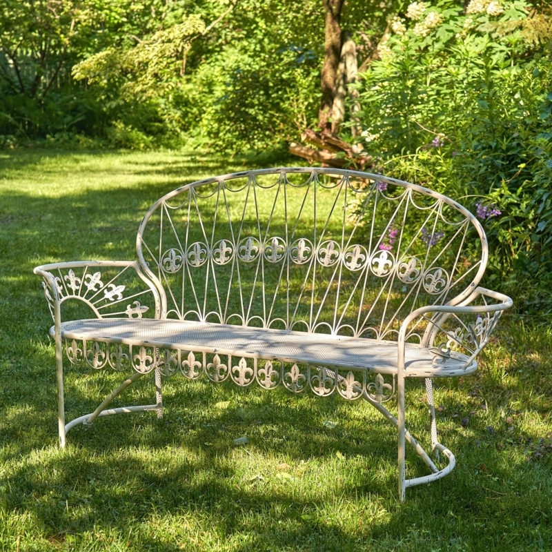 Garden Bench Antique White Iron Fleur-de-lis Accents Curved Back