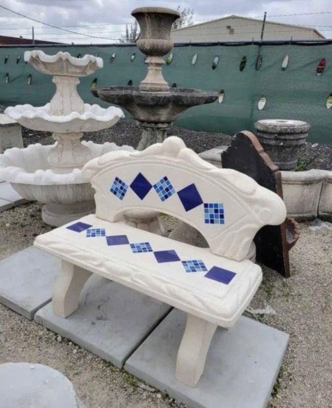 Garden Bench Blue Mosaic Inlay Scalloped Backrest Cast Stone