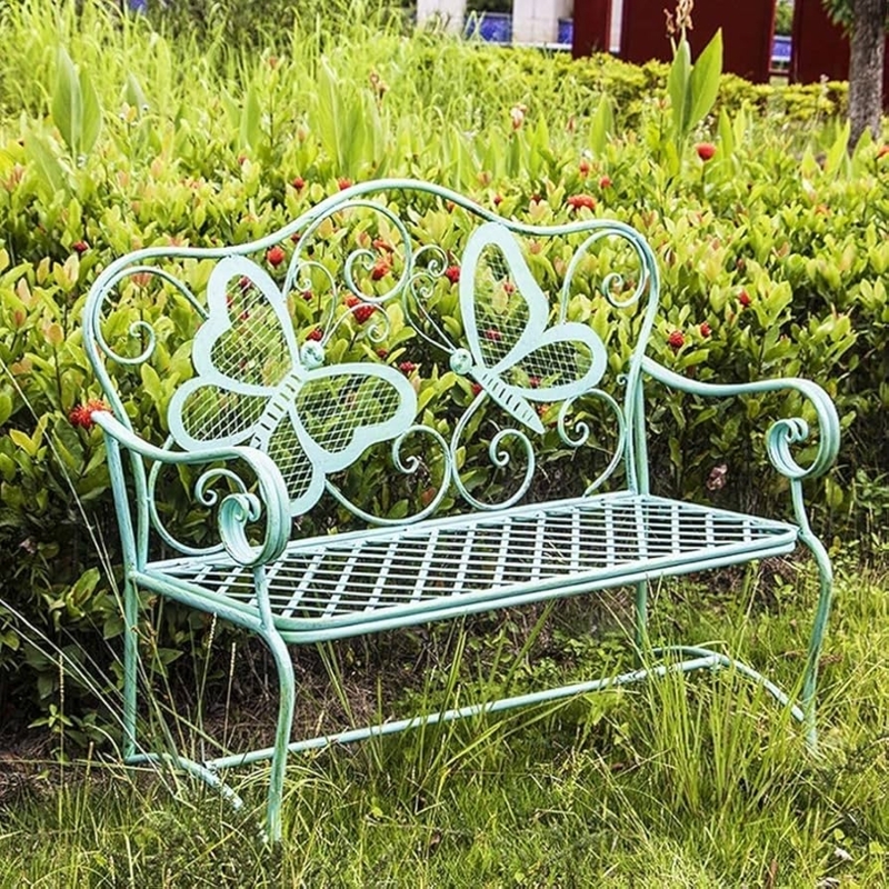 Garden Bench Butterfly Backrest Distressed Finish Whimsical Style