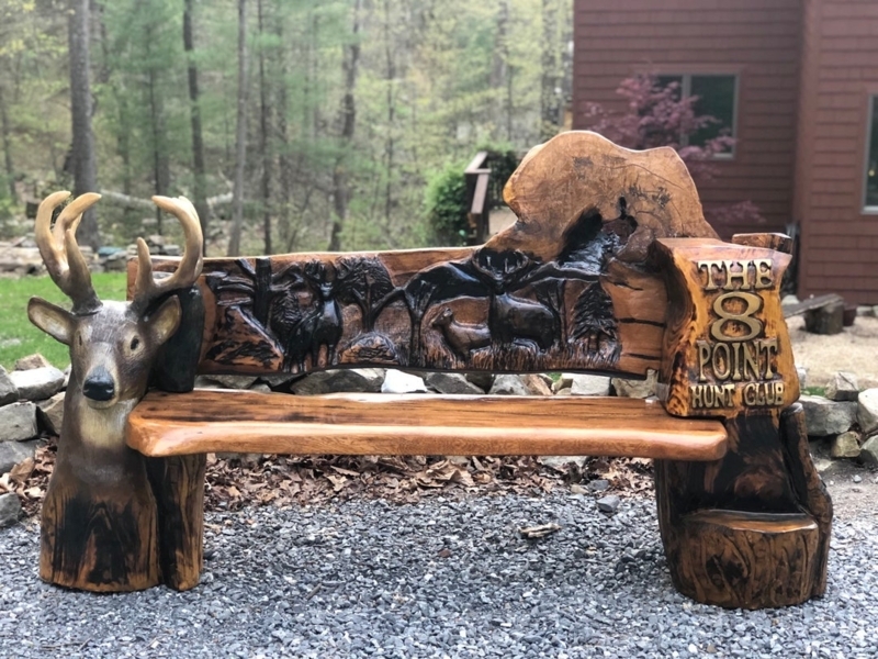 Garden Bench Chainsaw Carved Buck Head Sculpture Live Edge Wood