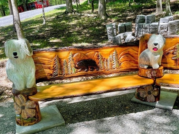 Garden Bench Chainsaw Carved Rustic Lodge Sheepdog Sculptures Bear