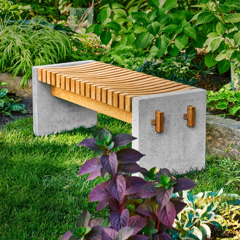 Garden Bench Concrete Ends Slatted Wood Seat Through Tenons