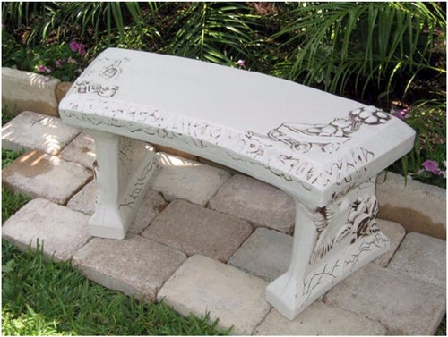 Garden Bench Etched Illustrations Whimsical Curved Concrete Top