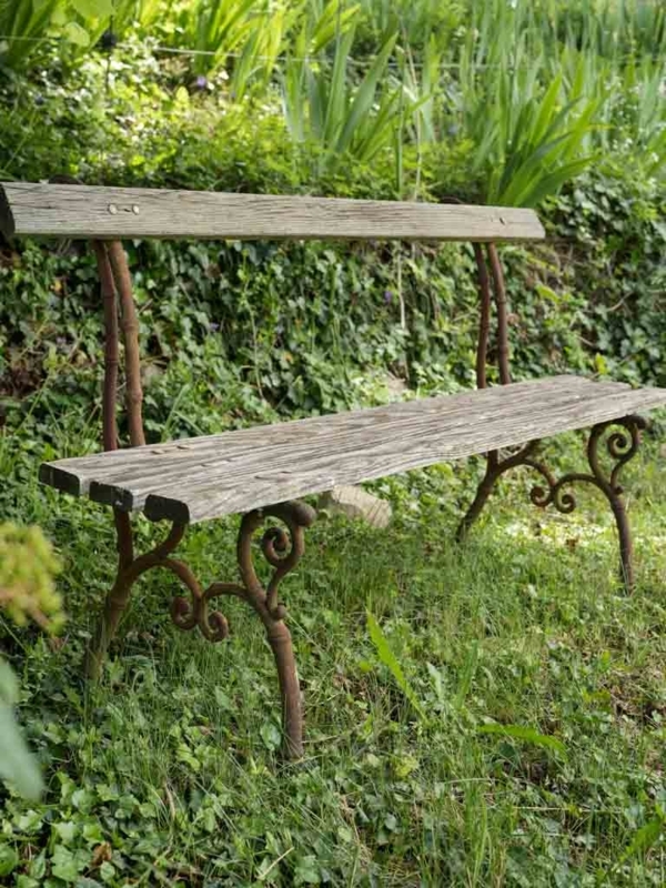 Garden Bench French Cast Iron Weathered Slats Rustic Vintage Style