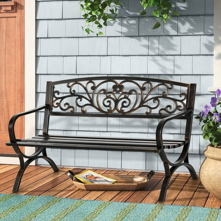 Garden Bench in Antique Bronze Steel with Scrollwork Back Design
