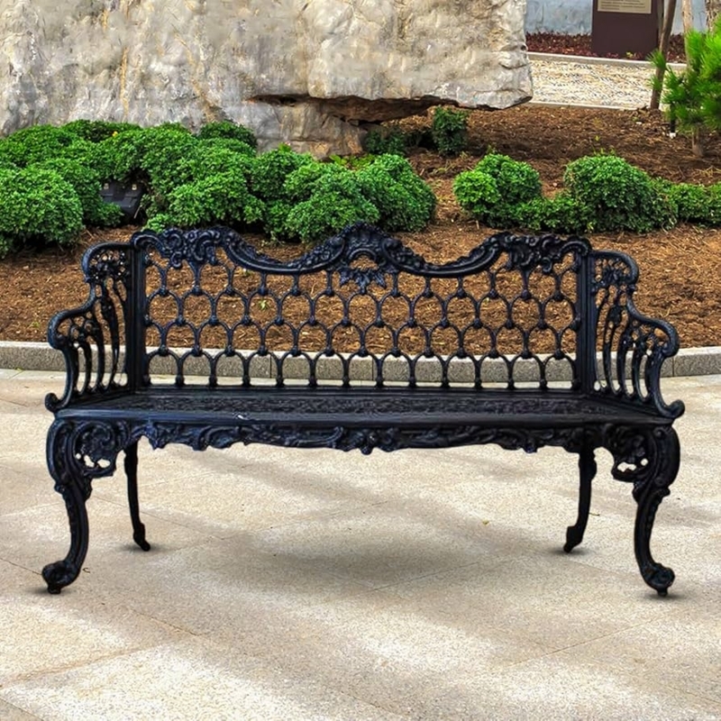 Garden Bench Matte Black Aluminum Ornate Lattice Back Scrolled Arms