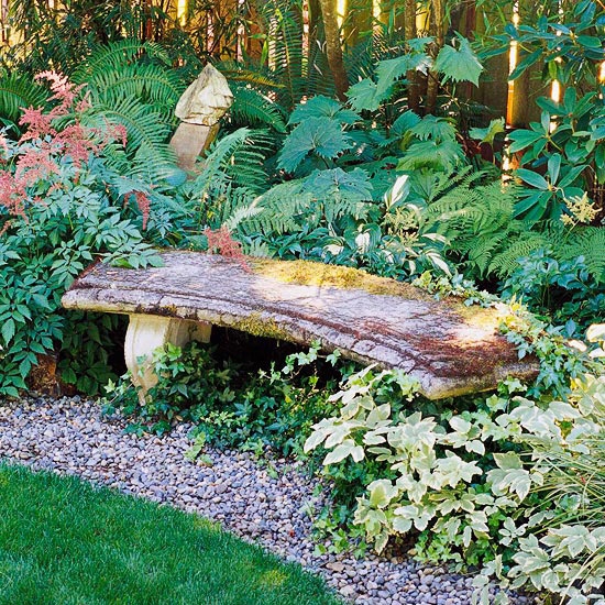 Garden Bench Mossy Patina Weathered Concrete Curved Stone Slab