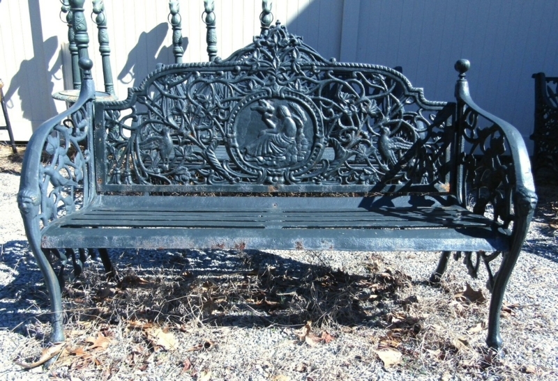 Garden Bench Ornate Cast Iron Bird Filigree Figural Armrests