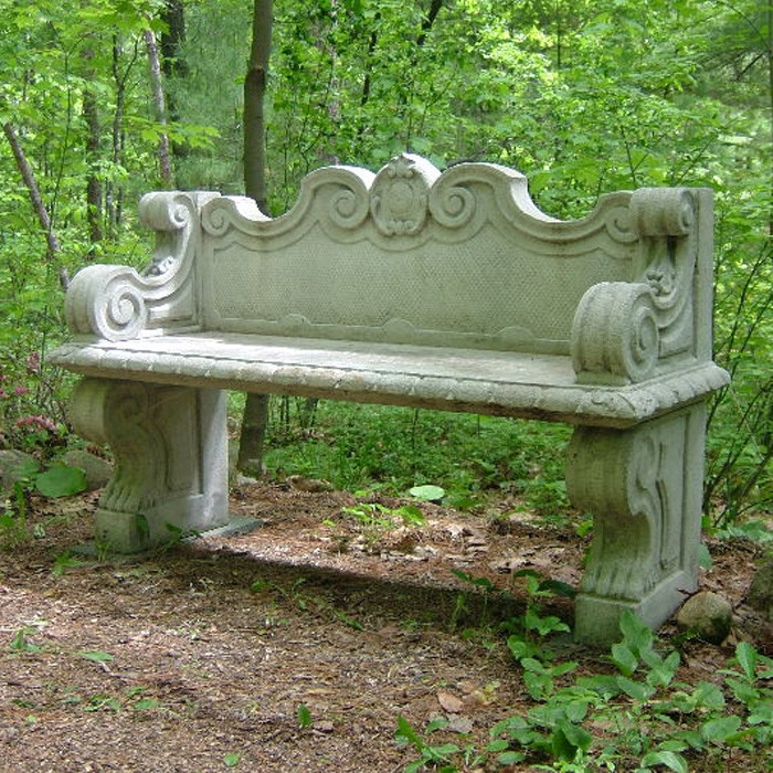 Garden Bench Ornate Cast Stone Scroll Arms Scalloped Edge