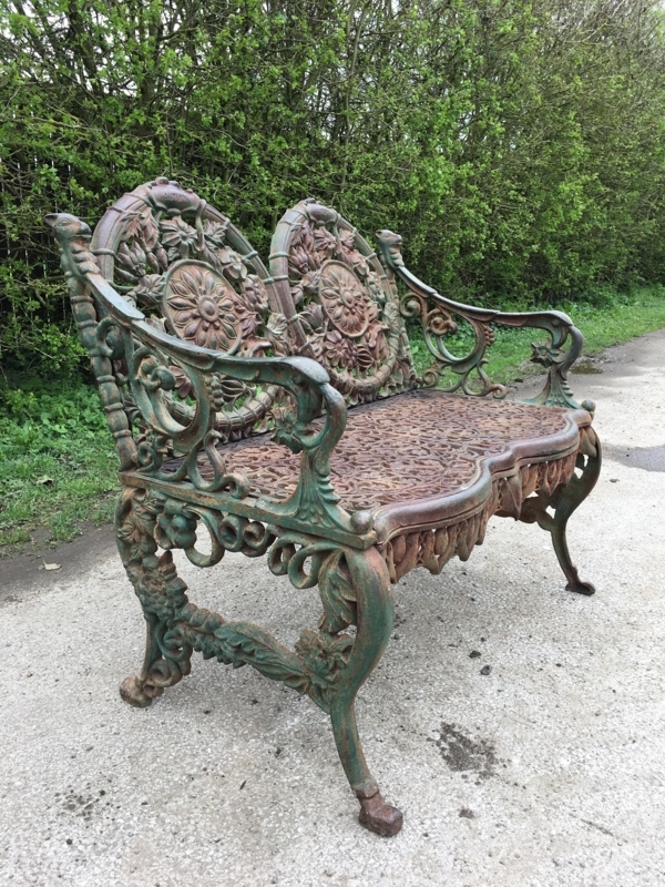 Garden Bench Verdigris Patina Bird Head Finials Victorian Cast Iron