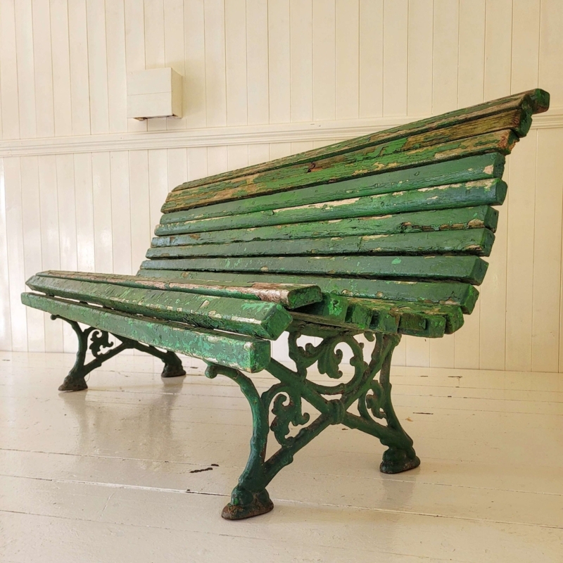 Garden Bench Victorian Roll Top Back Weathered Wood Slats Cast Iron