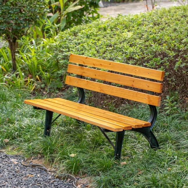 Garden Bench with Curved Metal Legs and Armless Slatted Wood Seat