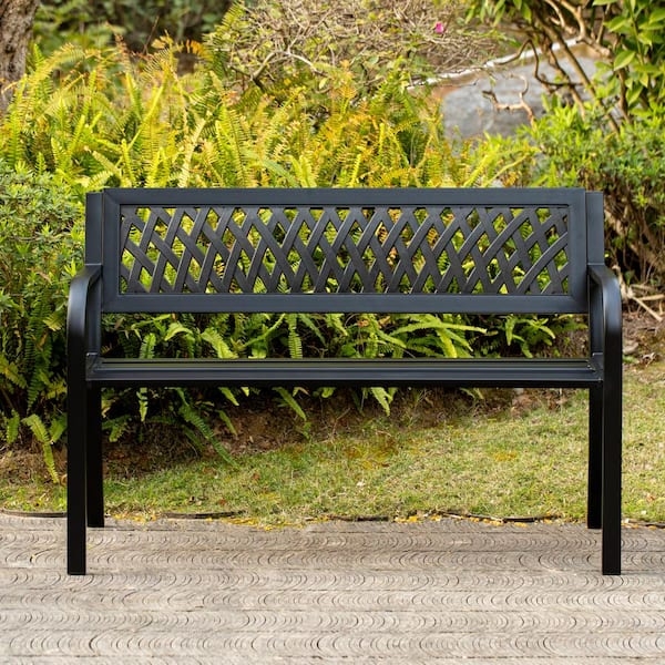 Garden Bench with Square Profile Legs, Matte Black Metal Finish