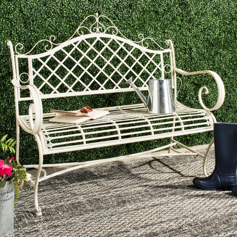 Garden Bench Wrought Iron Antique White Scrollwork Crest Lattice Back