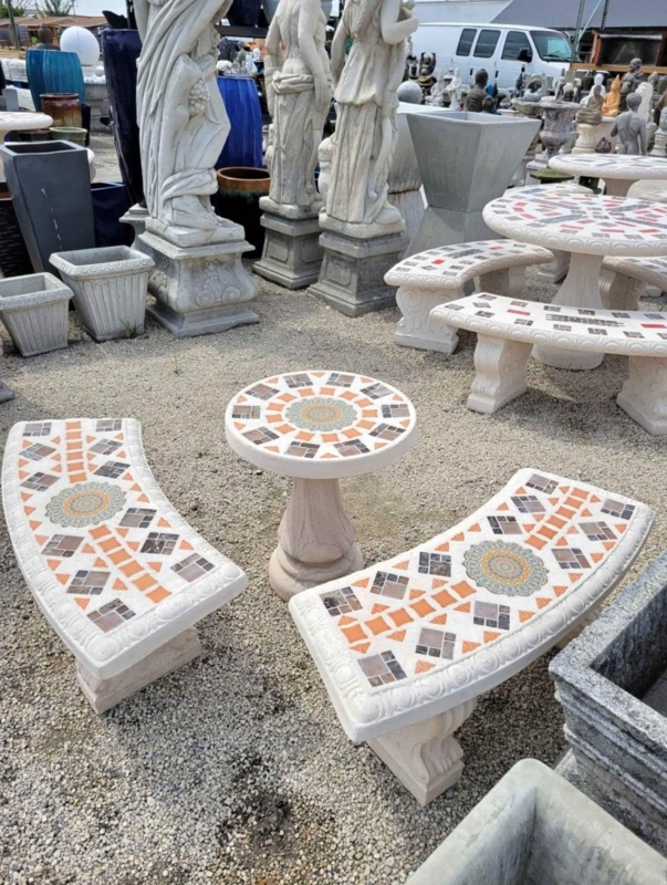 Garden Furniture Set Mandala Mosaic Inlay Curved Concrete Benches