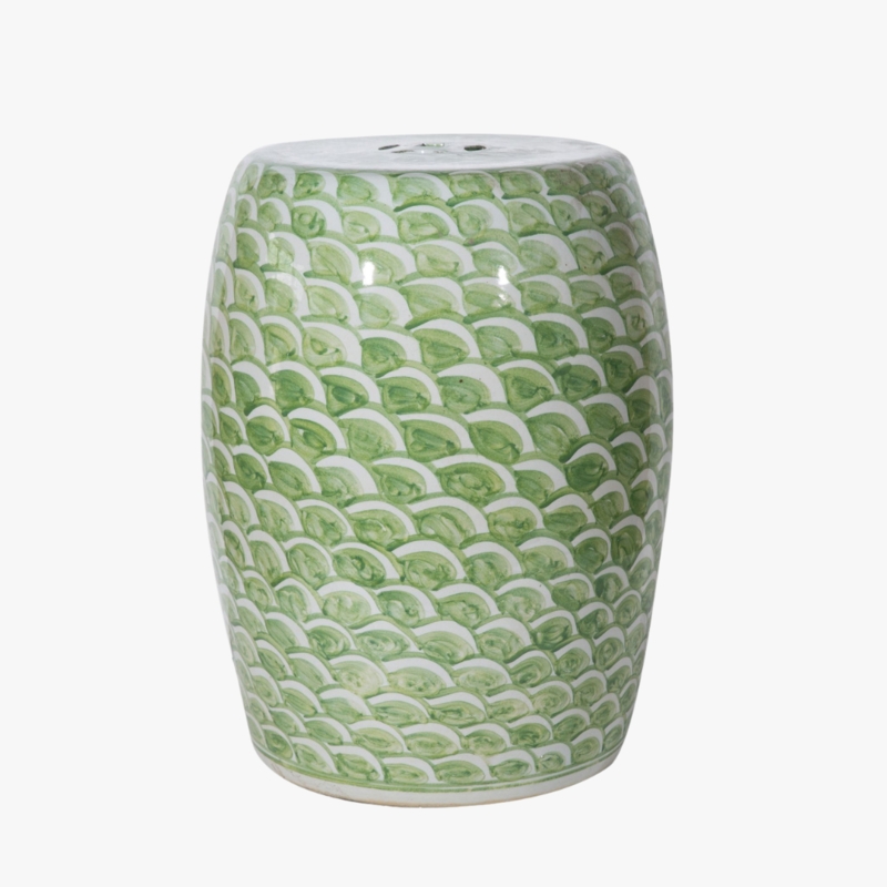 Garden Stool Coastal Chic Sage Green Glossy Glazed Fish Scale Motif