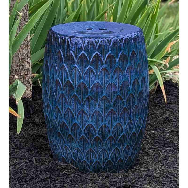 Garden Stool Cobalt Blue Glossy Glaze Embossed Scale Texture Coastal