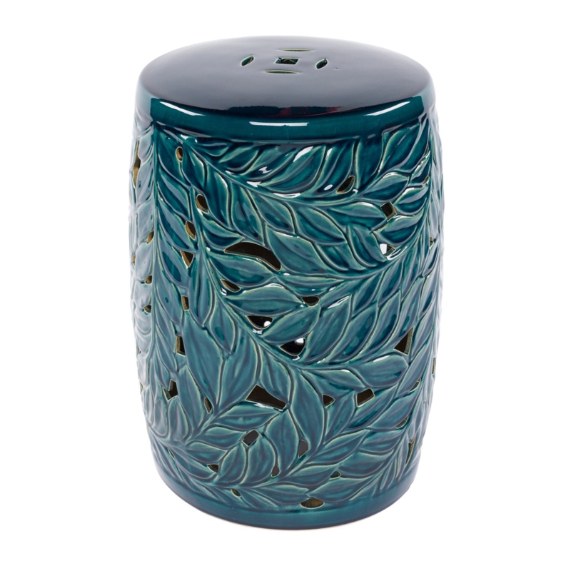Garden Stool Deep Teal Glossy Glaze Leaf Relief Pierced Details Organic