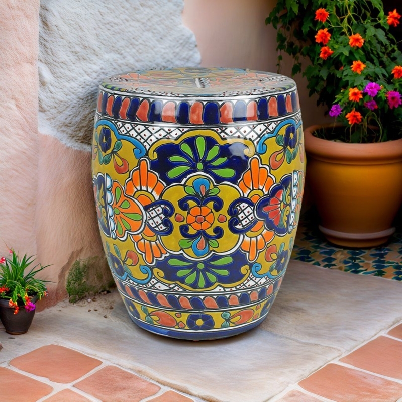 Garden Stool Mexican Talavera Hand Painted Floral Motifs Vibrant Yellow