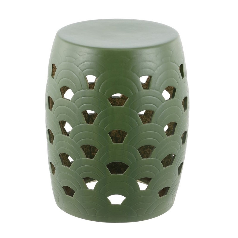 Garden Stool Moss Green Matte Finish Scalloped Cutouts Drum Shape
