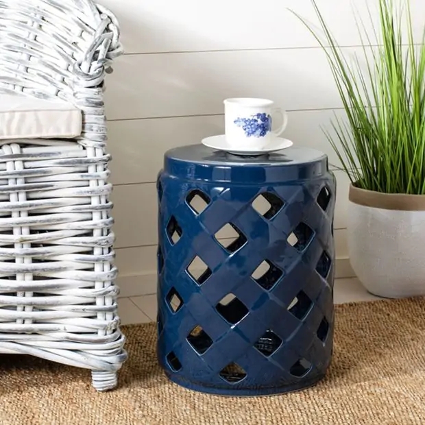 Garden Stool Navy Blue Glossy Ceramic Lattice Cutout Coastal Farmhouse