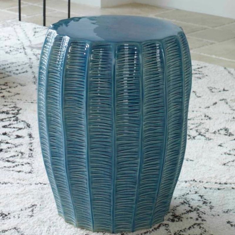Garden Stool Oceanic Blue Glossy Glaze Ribbed Texture Etched Detailing