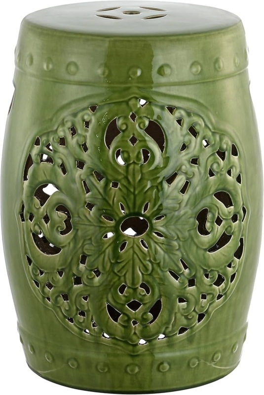 Garden Stool Pierced Foliate Design Glossy Sage Green Ceramic Traditional