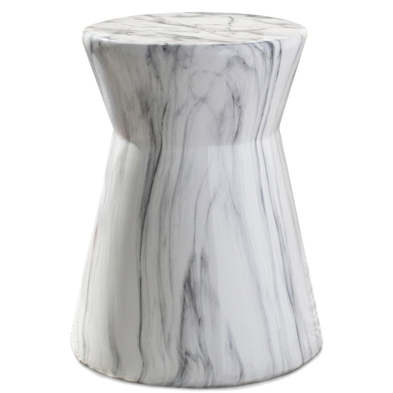 Garden Stool Polished Ceramic White Grey Marbled Veining Hourglass