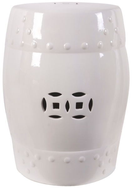 Garden Stool Pure White Glossy Glaze Pierced Coin Motif Raised Studs