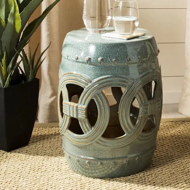 Garden Stool Sage Green Crackle Glaze Interlocking Rings Openwork