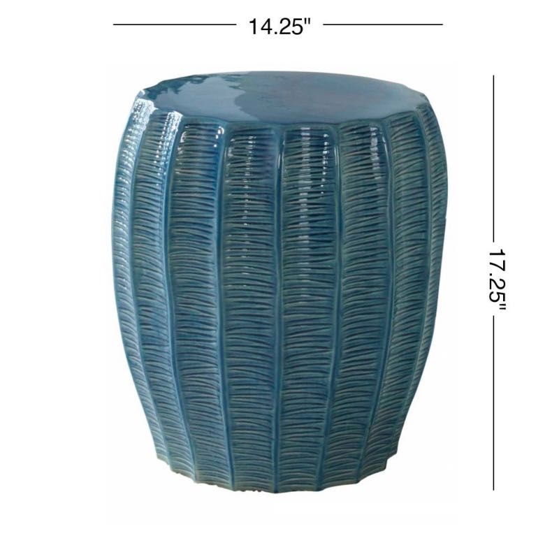 Garden Stool Teal Blue Glossy Glaze Hatched Texture Barrel Silhouette