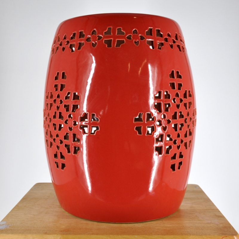 Garden Stool Tomato Red Glossy Glaze Pierced Lattice Geometric Cutouts